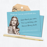 The Overthink This Sticky Note by Shannon Martin Design features a vintage black-and-white image of a thoughtful woman with the phrase "Hold on. Let me overthink this," accented by colorful sticky notes, a gold pen, and an old ticket.
