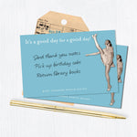 The A Good Day Sticky Note by Shannon Martin Design features a blue vintage photo of a smiling woman high-kicking. Text reads: "It's a good day for a good day!" Perfect for jotting thank you notes, to-dos, and reminders.