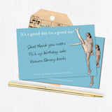The A Good Day Sticky Note by Shannon Martin Design features a blue vintage photo of a smiling woman high-kicking. Text reads: "It's a good day for a good day!" Perfect for jotting thank you notes, to-dos, and reminders.