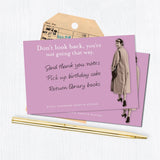 The Shannon Martin Design "Don't Look Sticky Note" features a vintage photo of a woman in a coat, the phrase “Don’t look back, you’re not going that way,” witty reminders, and includes a pen, envelope, and colorful sticky notes.