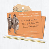 Two women in vintage coats walk together, smiling. The Blame You Sticky Note by Shannon Martin Design reads: "I didn’t say it was your fault, I said I was going to blame you," with a handwritten to-do list and a library card in the background.