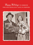 The Excellent Taste Holiday Card by Shannon Martin Design features a vintage winter photo and the message Happy Holidays to someone who has excellent taste in friends, made in the USA.