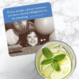 The Moral Obligation Coaster by Shannon Martin Design features a witty dinner quote and vintage photo on cork backing.