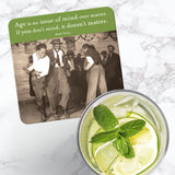 A Shannon Martin Design Mind Over Matter Coaster sits beside lemon-lime mint water and a vintage dance photo.
