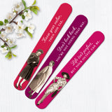 Three Know Your Value Emery Boards by Shannon Martin Design with retro women, quotes, and flowers on a light wood surface.