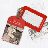 The Be Adventurers Luggage Tag by Shannon Martin Design features a vintage couple photo and playful travel text.