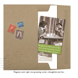 The Shannon Martin Design “Glad We Met Magnet” set includes a brown envelope with vintage stamps, a card featuring two women talking, and reads, “I'm glad we met later in life...” Plus: vintage photography magnets for your fridge or locker.