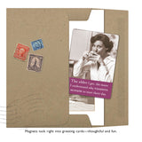 A brown folder with vintage stamps holds a Shannon Martin Design greeting card showing a woman drinking coffee. The card reads, "The older I get, the more I understand why roosters scream," and includes a Roosters Magnet gift.