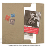 The My Own Business Magnet by Shannon Martin Design features a black-and-white photo of a smiling woman with a phone and the phrase, "I know I should mind my own business, but yours is more interesting." Includes three vintage stamps.
