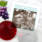 The "Sandwiches Napkin" by Shannon Martin Design features a vintage photo of a smiling couple having a picnic with the text: I’m glad I don’t have to hunt for my food. I don’t even know where sandwiches live.