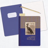The Everything Journal by Shannon Martin Design features a blue jewel-toned cover with a vintage photo of a woman, gold foil accents, an inspiring quote, and comes with lined pages. A pencil and small card accessorize the stylish notebook.