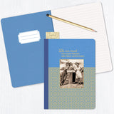 The Great Adventures Journal by Shannon Martin Design features blue patterns, gold foil accents, and a vintage photo with the quote: "Life was meant for good friends and great adventures," perfect for capturing memories.