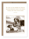 The Beloved Pet Sympathy Card by Shannon Martin Design showcases a vintage photograph of a dog and two cats, with a heartfelt quote from Helen Keller: "So long as the memory of certain beloved friends lives in my heart, I shall say that life is good." It is crafted on recycled paper and proudly made in the USA.