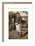 A recycled paper birthday card from Shannon Martin Design, titled "Fish Fear Me Birthday Card," showcases a vintage-style photo of a person outdoors in casual attire, wearing a hat and boots, smiling while holding a fishing rod. The caption above humorously states, "Women want me, fish fear me.