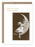 The Little Girl On Moon Love Card by Shannon Martin Design features a vintage-style illustration of a girl on a crescent moon with a face, both gazing at each other. The card, crafted from recycled paper, displays the message "Love you to the moon and back" at the top. It is bordered in brown and includes a charming Kraft envelope.