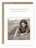 A vintage-inspired photo features a woman smiling while lying on the grass, perfectly capturing the charm of a bygone era. The "Keep My Girlish Birthday Card" by Shannon Martin Design is printed on recycled paper and humorously reads: "To keep my girlish figure, I do diddly squats." It's an ideal choice for adding some humor to birthday celebrations. Made in the USA.