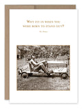 A sepia-toned image features a person in goggles sitting in a wooden go-kart on the grass, with text above stating, "Why fit in when you were born to stand out? ‚Äî Dr. Seuss." Complementing its vintage allure, an envelope made from FSC-certified recycled paper is visible behind the card. This delightful creation is the "Stand Out Birthday Card" by Shannon Martin Design.