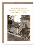Vintage photo from Shannon Martin Design's collection: the "Taking Time Thank You Card" features two women in 1940s attire perched on a truck, one on the tailgate and the other standing. The heartfelt message above reads: "Thank you for taking the time in your day to make a difference in mine," beautifully printed on recycled paper.