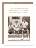 A vintage photo displayed on the Favorite Child Birthday Card by Shannon Martin Design features a smiling family on the steps: a father, two boys, and a girl. Printed on recycled paper, the card includes the humorous text: "I love how we don‚Äôt even have to say out loud that I‚Äôm your favorite child.