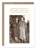A vintage photo features two smiling women in long coats outdoors, printed on FSC-certified paper. The text reads, "A good friend knows all your stories. A best friend has lived them with you." This is from Shannon Martin Design's Best Friend Stories Birthday Card collection.