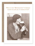 The "Moderation Birthday Card" by Shannon Martin Design, part of an award-winning collection, showcases a vintage-style illustration of a woman in a polka dot dress and hat, joyfully enjoying a large glass of beer. The card features the humorous text, "Who is this Moderation everyone keeps telling me to drink with?" and is printed on recycled paper for an added touch of charm.