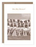 A vintage black-and-white photo of cheerleaders in matching uniforms, each holding pom-poms aloft, as they stand in a line outdoors with smiles on their faces. The text "Hip, Hip, Hooray!" appears above them in gold lettering. This card is made from recycled paper and proudly produced in the USA by Shannon Martin Design. It's called the Hip, Hip, Hooray! Congratulations Card.