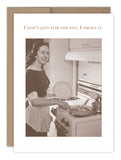 A woman in vintage attire smiles while cooking at a stove. Above her, a humorous caption reads, "I don't just stir the pot, I smoke it." The nostalgic scene resembles vintage photos and is presented as the "Stir The Pot Birthday Card" by Shannon Martin Design.