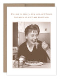 A woman grins as she enjoys a plate of spaghetti, striking a pose reminiscent of classic vintage photography. Above her, the card reads, "I'D LIKE TO START A NEW DIET, BUT I HAVE TOO MUCH ON MY PLATE RIGHT NOW." This whimsical birthday card from Shannon Martin Design is printed on recycled paper.