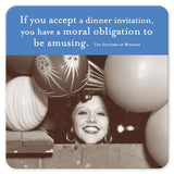 Smiling woman with balloons, retro vibe, and a witty dinner quote on the Moral Obligation Coaster by Shannon Martin Design.