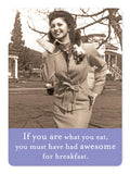 A vintage photo features a smiling woman in a suit adorned with a flower brooch, posing outdoors among trees and houses. This image is beautifully captured on the "Awesome For Breakfast" Magnet by Shannon Martin Design, evoking nostalgic memories with its caption, "If you are what you eat, you must have had awesome for breakfast.