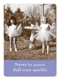 In a garden alive with vibrant blossoms, two girls in tutus playfully pose with joyful smiles. A bird bath stands behind them, resembling nature's secret treasure chest. Beneath this inspiring scene, the text proclaims, "Never let anyone dull your sparkle," capturing the essence of the Your Sparkle Magnet by Shannon Martin Design.