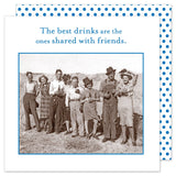 A vintage photo of eight friends smiling and holding drinks outdoors, with a caption that reads, "The best moments are like The Best Drinks Beverage Napkin by Shannon Martin Design - meant to be shared." Their laughter echoes like biodegradable napkins fluttering in the breeze against a polka dot pattern background.