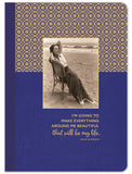 The Everything Beautiful Notebook by Shannon Martin Design boasts a vintage beach photo of a woman lounging on its cover, adorned with gold foil and a geometric pattern. It also features an Elsie de Wolfe quote: Im going to make everything around me beautiful‚Äîthat will be my life.
