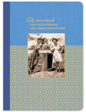 A nostalgic photo depicts three friends standing beside a Glacier Vista Elev 4000 sign, dressed in casual clothes and beaming at the camera. Majestic mountains provide the backdrop. Text above reads: "Life was meant for good friends and great adventures." This scene would be perfect for filling the pages of a Great Adventure Notebook by Shannon Martin Design.