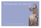 Woman smiles and waves, sitting on luggage. So Long, Stress Sticky Note by Shannon Martin Design.